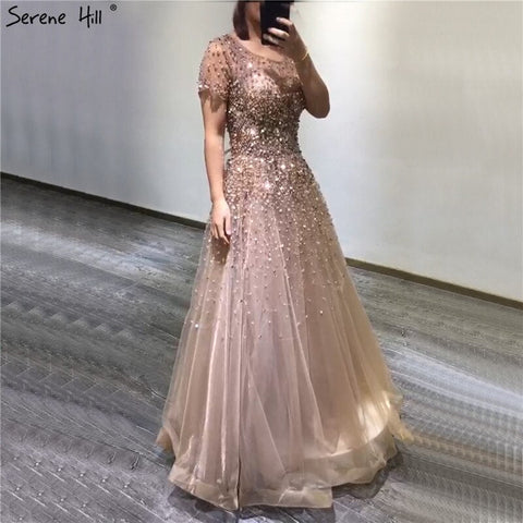 Robe de soirée luxueuse à manches courtes et perles dorées, coupe trapèze, à lacets, pour femme, modèle LA70464, 2025 