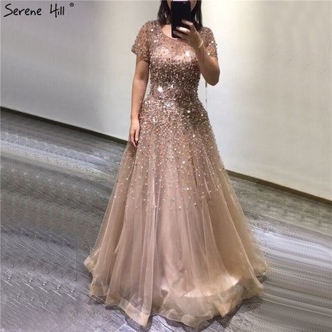 Robe de soirée luxueuse à manches courtes et perles dorées, coupe trapèze, à lacets, pour femme, modèle LA70464, 2025 