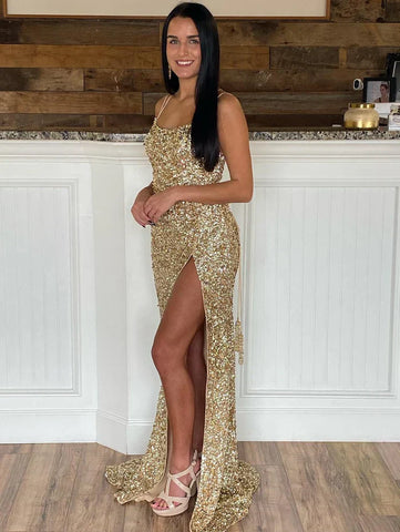 Glitter Sequin Prom Dress with Slit Scoop Neck Prom Dress SYP171
