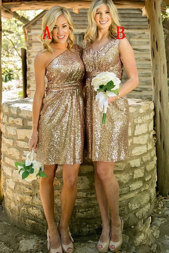 Baoleely Sheath Gold Sequins Short Bridesmaid Dresses Sleeveless