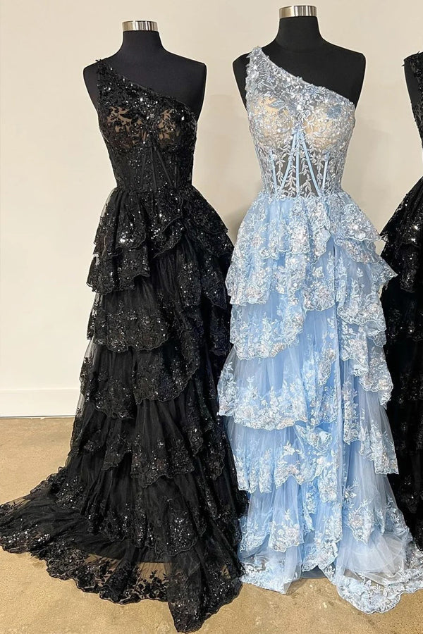 Vestido largo de fiesta azul marino de tul con lentejuelas, un solo hombro y abertura