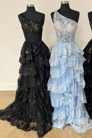 Vestido largo de fiesta azul marino de tul con lentejuelas, un solo hombro y abertura