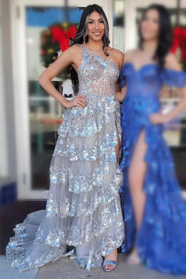 Vestido largo de fiesta azul marino de tul con lentejuelas, un solo hombro y abertura