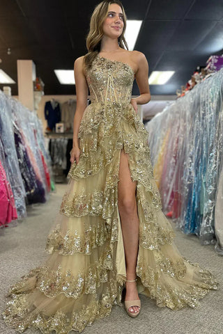 Gold Tulle Sequin One-Shoulder Ruffle Corset Prom Dress with Slit SYP173