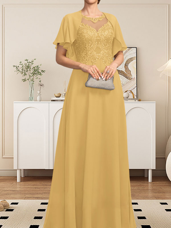 Robe de mère de la mariée en mousseline de dentelle, coupe trapèze, décolleté illusion, longueur au sol, ornée de sequins