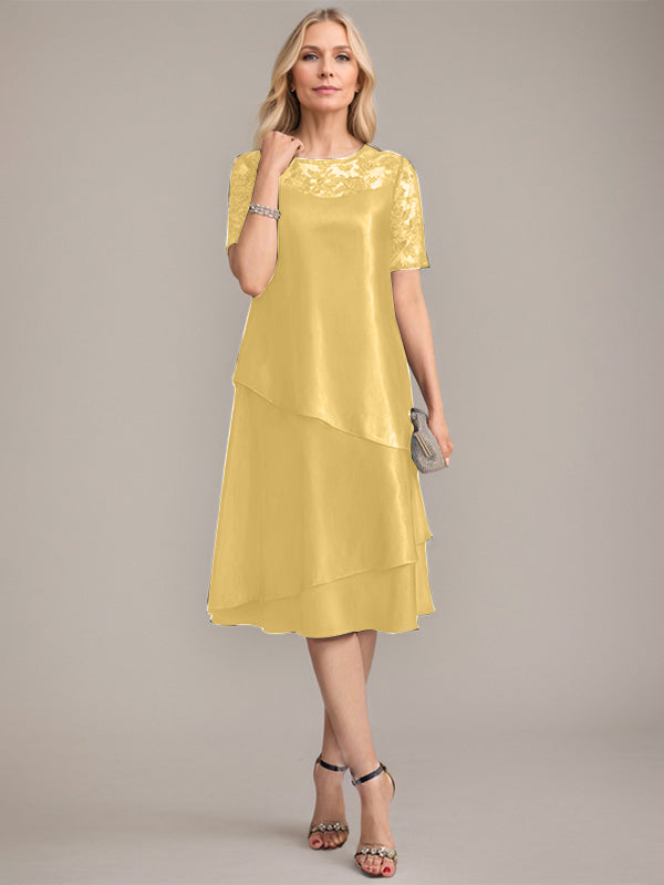Vestido de corte A, escote redondo, largo hasta la rodilla, para la madre de la novia, con apliques y lentejuelas. 
