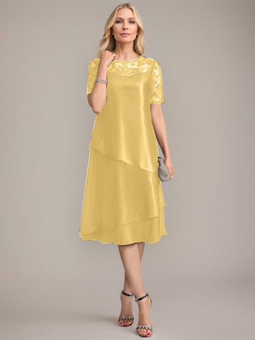 Vestido de corte A, escote redondo, largo hasta la rodilla, para la madre de la novia, con apliques y lentejuelas. 