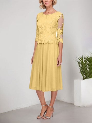 A-line Scoop Tea-Length Lace Chiffon Mother of the Bride Dress With Embroidery