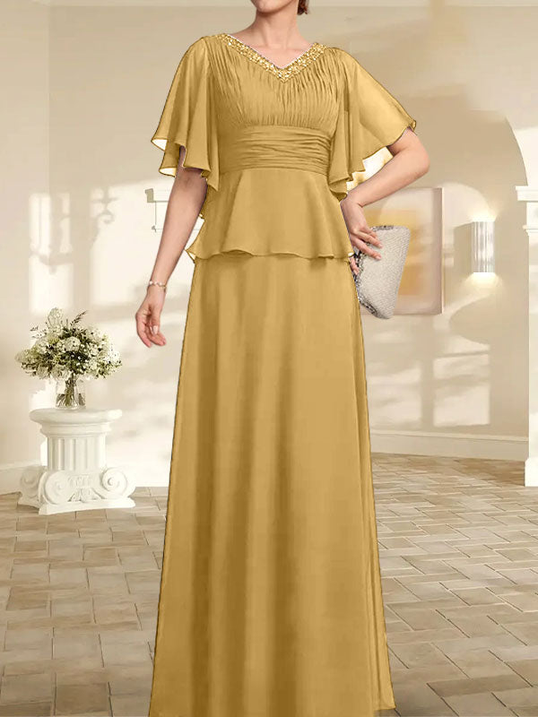 Vestido de gasa de corte A, escote en V, largo hasta el suelo, para la madre de la novia, con plisados ​​y cuentas.