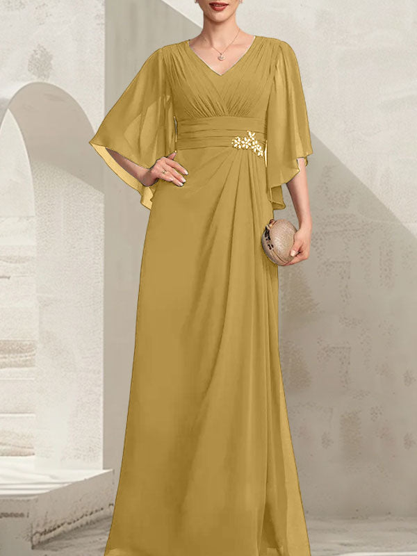 Vestido de corte recto/columna, escote en V, largo hasta el suelo, de gasa, para la madre de la novia, con lentejuelas plisadas y pedrería.