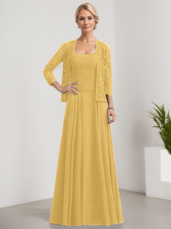 Vestido de corte A, cuadrado, largo hasta el suelo, de encaje y gasa con lentejuelas para la madre de la novia 