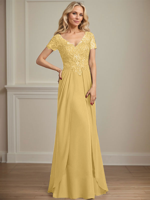 Robe de mère de la mariée en mousseline de soie et dentelle, coupe trapèze, col en V, longueur au sol
