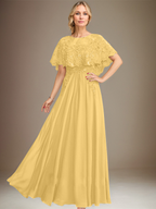 Robe de mère de la mariée en mousseline de soie dentelle, coupe trapèze, col bateau, longueur au sol, ornée d'appliqués de sequins 