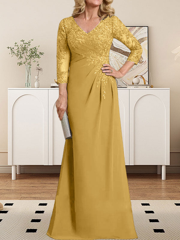 Vestido de novia de corte recto/columna, escote en V ilusión, largo hasta el suelo, de gasa de encaje con lentejuelas plisadas. 