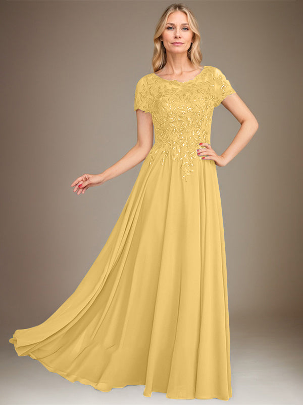 Vestido de corte A, escote redondo, largo hasta el suelo, de gasa, para la madre de la novia, con apliques y lentejuelas. 