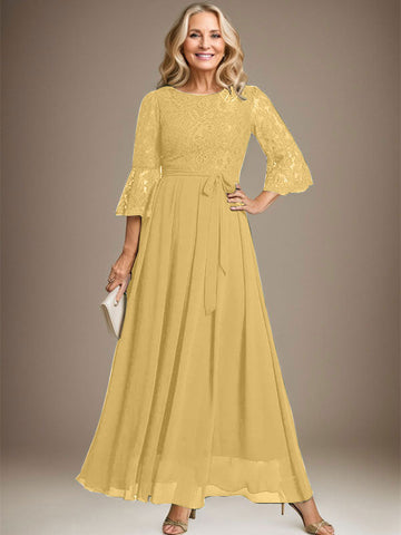 A-line Scoop Ankle-Length Lace Chiffon Mother of the Bride Dress With Bow
