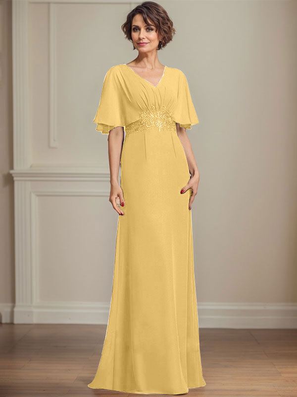 Vestido de corte A, escote en V, largo hasta el suelo, de gasa, para la madre de la novia, con apliques de lentejuelas plisadas y encaje.