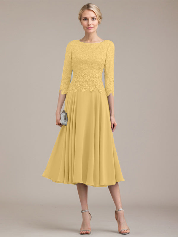 Vestido de corte A con escote redondo y largo hasta la rodilla en gasa de encaje para la madre de la novia 