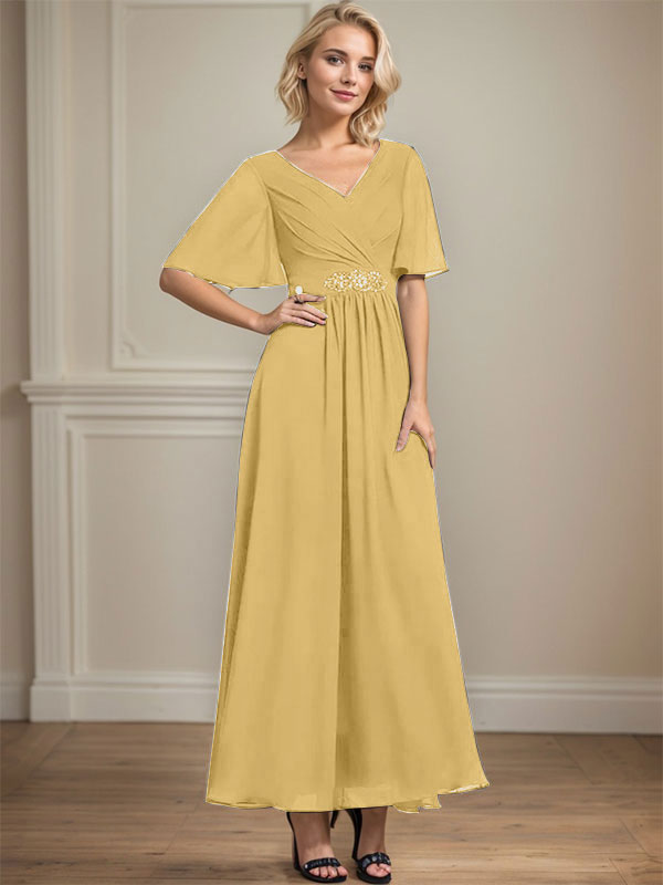 Vestido de gasa de corte A, escote en V, largo hasta el tobillo, para la madre de la novia, con lentejuelas y cuentas plisadas.