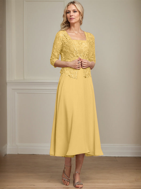 Vestido de corte A, largo midi, de gasa, encaje y lentejuelas para la madre de la novia. 