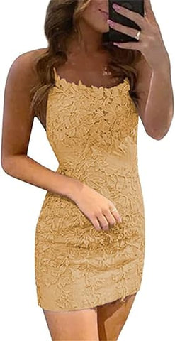 Vestidos cortos de fiesta sin mangas, de encaje azul, con tirantes finos y corte recto. 