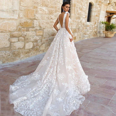 Precioso Vestido De Novia De encaje con apliques De tul con cuello en V, Vestido De Novia con espalda abierta, Vestido De princesa De Noiva