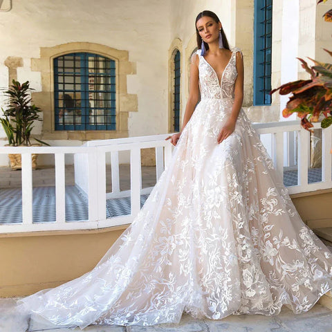 Precioso Vestido De Novia De encaje con apliques De tul con cuello en V, Vestido De Novia con espalda abierta, Vestido De princesa De Noiva