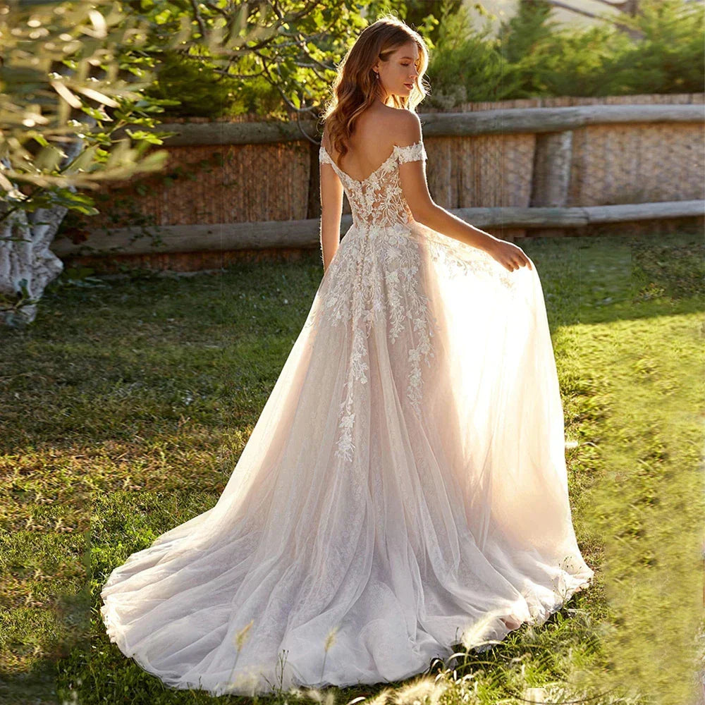 Magnifiques robes de mariée en dentelle style plage, épaules dénudées, appliques, coupe trapèze, style bohème, robe de princesse