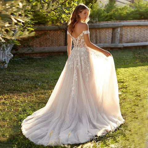 Preciosos vestidos de novia de encaje para la playa, con hombros descubiertos, apliques, corte en A, estilo boho, vestido de novia de princesa.