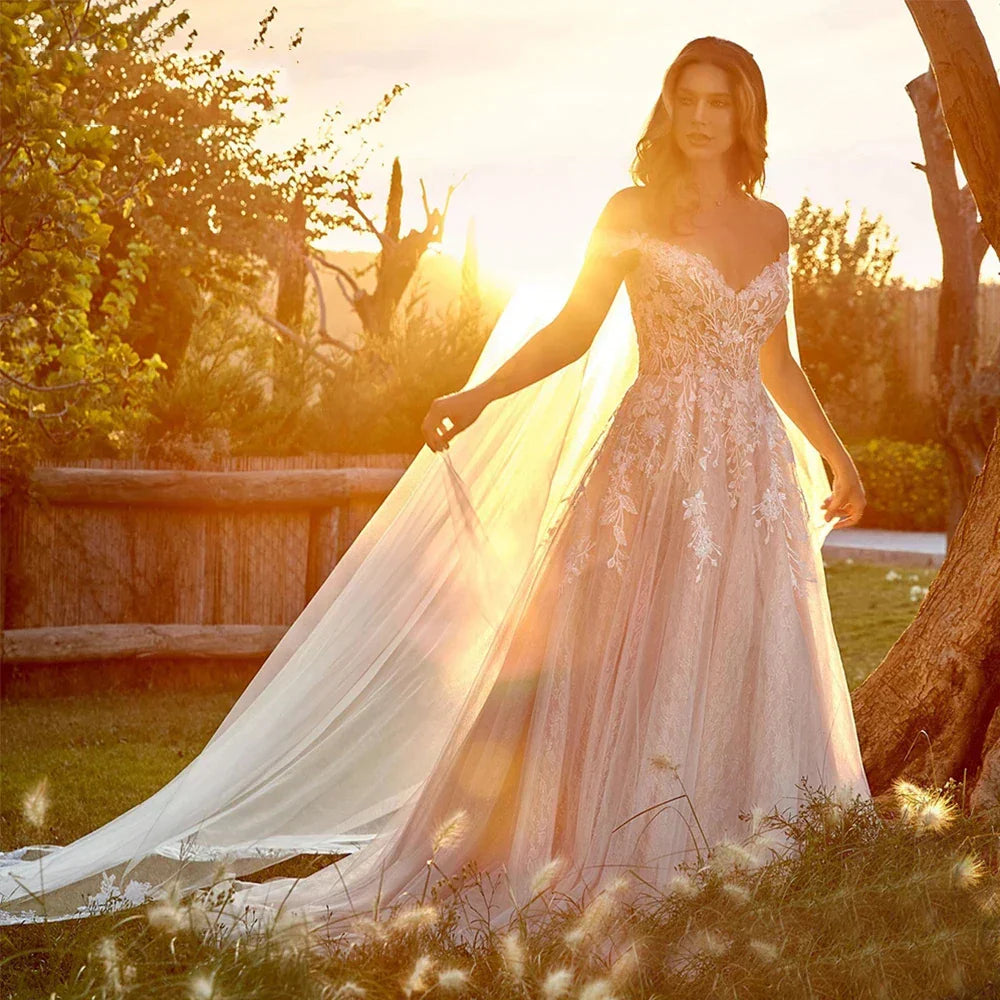 Magnifiques robes de mariée en dentelle style plage, épaules dénudées, appliques, coupe trapèze, style bohème, robe de princesse