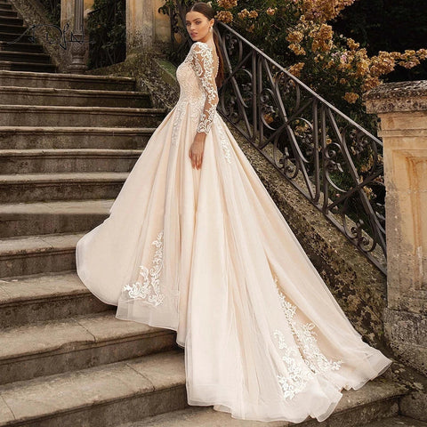 Gorgeous Lace Wedding Dresses Long Sleeve Women's Elegant Tulle Sticker Floral Champagne Bridal Gowns Princess Formal Party Robe