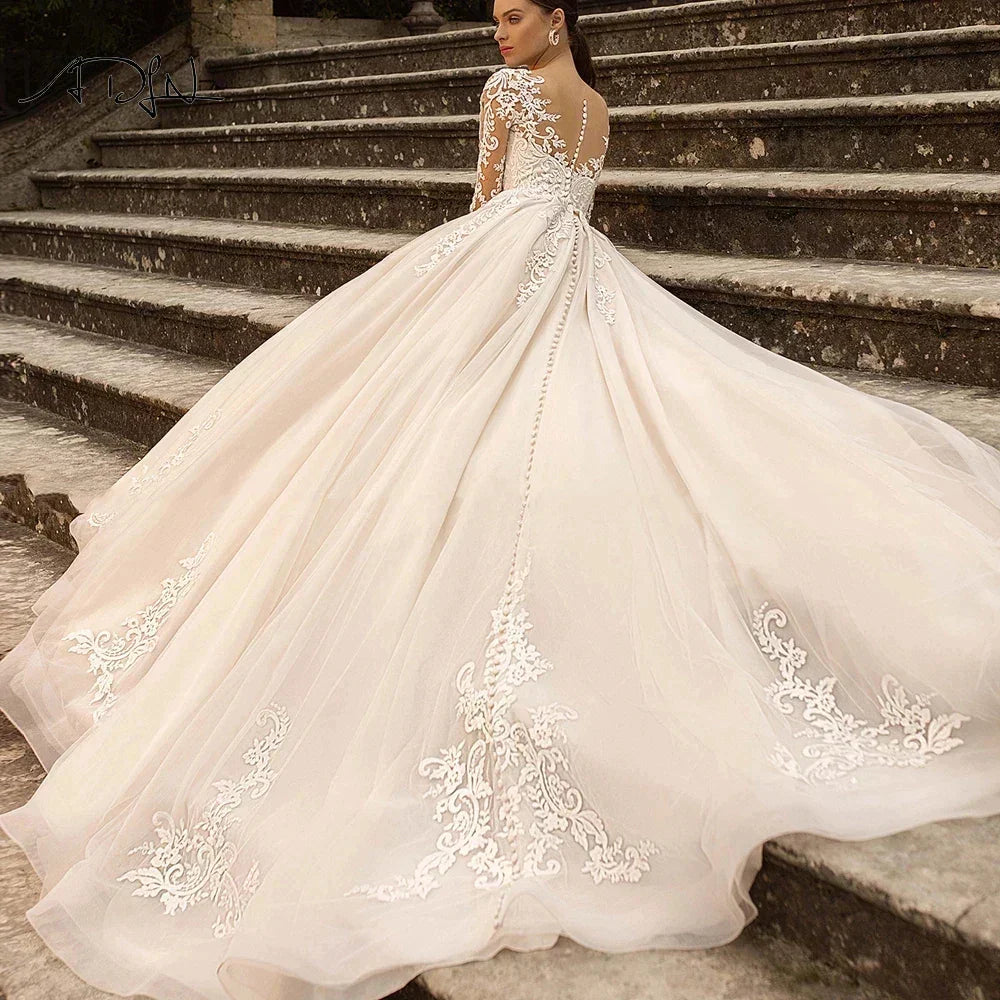Gorgeous Lace Wedding Dresses Long Sleeve Women's Elegant Tulle Sticker Floral Champagne Bridal Gowns Princess Formal Party Robe