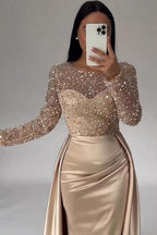 Gorgeous Long A-line Beading Sequined Prom Dresses with Long Sleeves