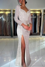 Superbe robe de bal sirène longue à paillettes et manches longues avec fente