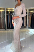 Superbe robe de bal sirène longue à paillettes et manches longues avec fente