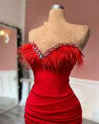 Superbe robe de bal longue rouge à volants et plumes