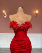 Superbe robe de bal longue rouge à volants et plumes