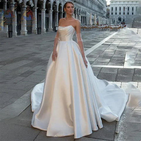 Gorgeous Satin Modern Wedding Dresses Elegant Off Shoulder Sleeveless Train Floor-Length Fluffy Princess Style Bride Gowns 2023