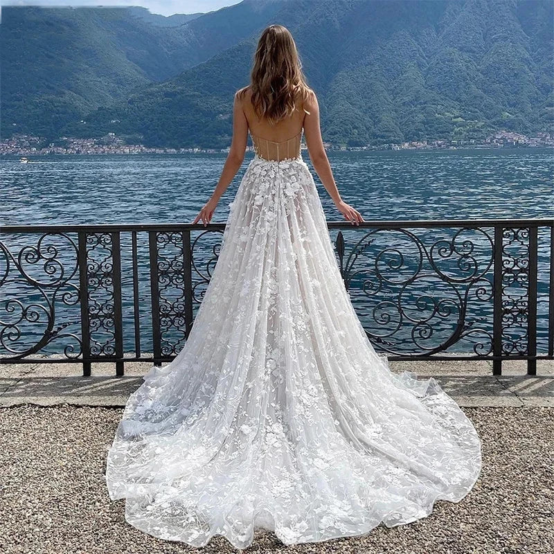 Gorgeous Sexy Off Shoulder Sleeveless High Fork Mopping Wedding Dresses With Split Beach Lace Bride Dresses Backless Custom Made