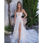 Gorgeous Sexy Off Shoulder Sleeveless High Fork Mopping Wedding Dresses With Split Beach Lace Bride Dresses Backless Custom Made