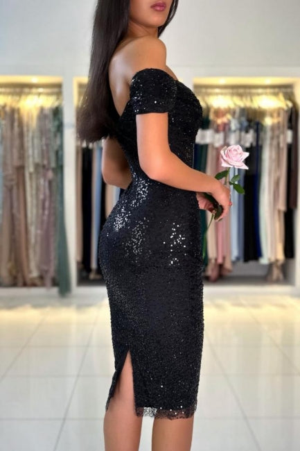 Magnifiques robes de cocktail noires courtes à épaules dénudées et à paillettes
