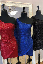 Gorgeous Short Column One Shoulder Sleeveless Sequined Satin Homecoming Dress