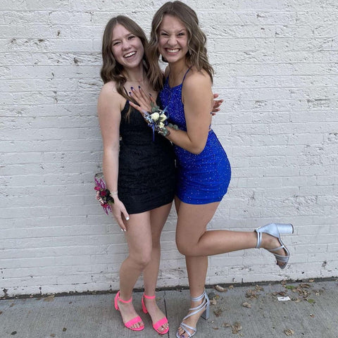 Gorgeous Short Royal Blue Tight Glitter Spaghetti Straps Homecoming Dress