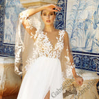 Precioso vestido de novia con abertura, escote en V, mangas murciélago, apliques y cola de corte. Vestido de novia hecho a medida 2023. 