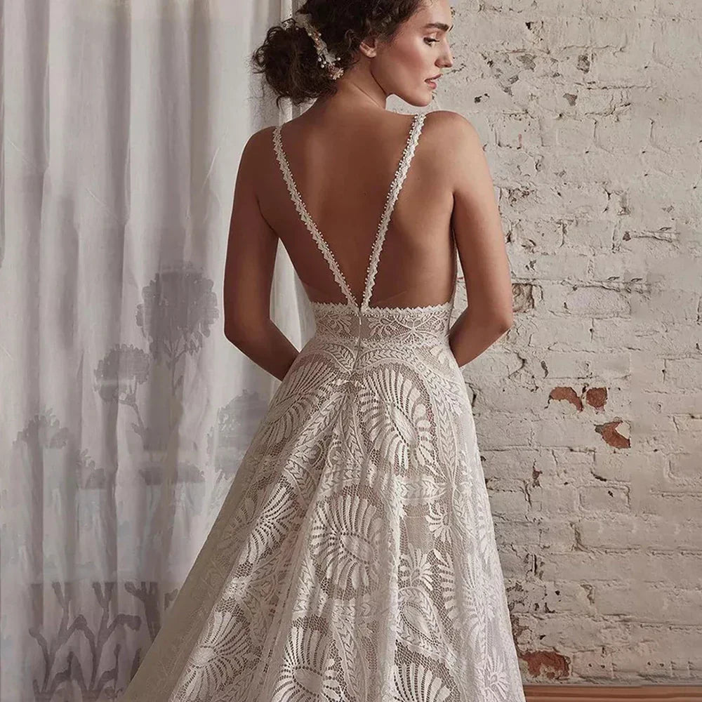 Magnifique robe De mariée en dentelle style bohémien, bretelles Spaghetti, décolleté en v profond, dos ouvert, Illusion De robes De mariée