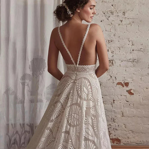 Preciosos vestidos De novia con tirantes finos, vestidos De novia bohemios De encaje con escote en V profundo y espalda abierta, vestidos De novia con ilusión, bata De novia