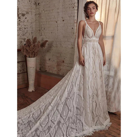 Preciosos vestidos De novia con tirantes finos, vestidos De novia bohemios De encaje con escote en V profundo y espalda abierta, vestidos De novia con ilusión, bata De novia