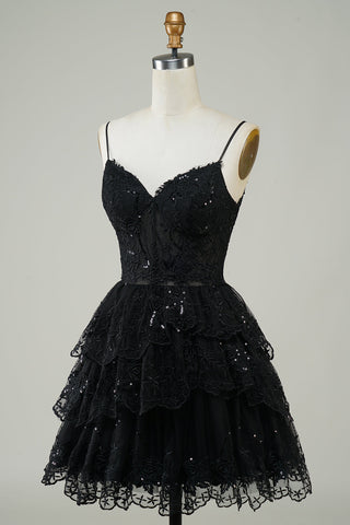 Cute Black A Line Sparkly Sequin Tiered Corset Short Homecoming Dress