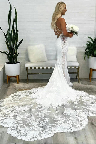Precioso vestido de novia de encaje con escote en V profundo tipo sirena y espalda descubierta WD701