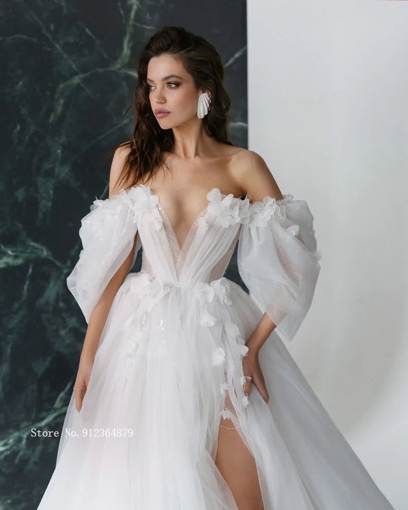 Graceful Hot Sale 3D FlowerWedding Dresses with Detachable Sleeves Wedding Gowns Sweetheart Bridal Dresses Open Back Appliqued
